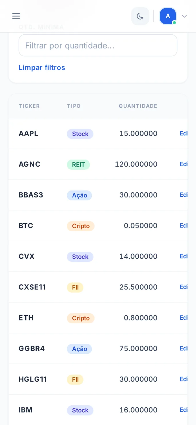 Carteira do Plurus no celular, listando AAPL como stock, AGNC como REIT, BBAS3 como ação, BTC como cripto e CXSE11 como FII, cada um com a quantidade.