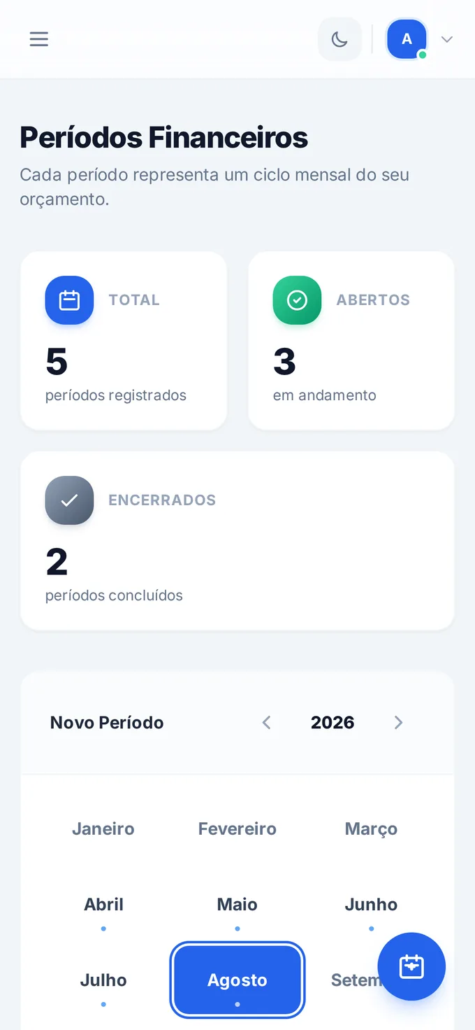 Lista de períodos financeiros no Plurus: cinco períodos registrados, três abertos e dois encerrados, com o seletor de mês do ano de 2026.