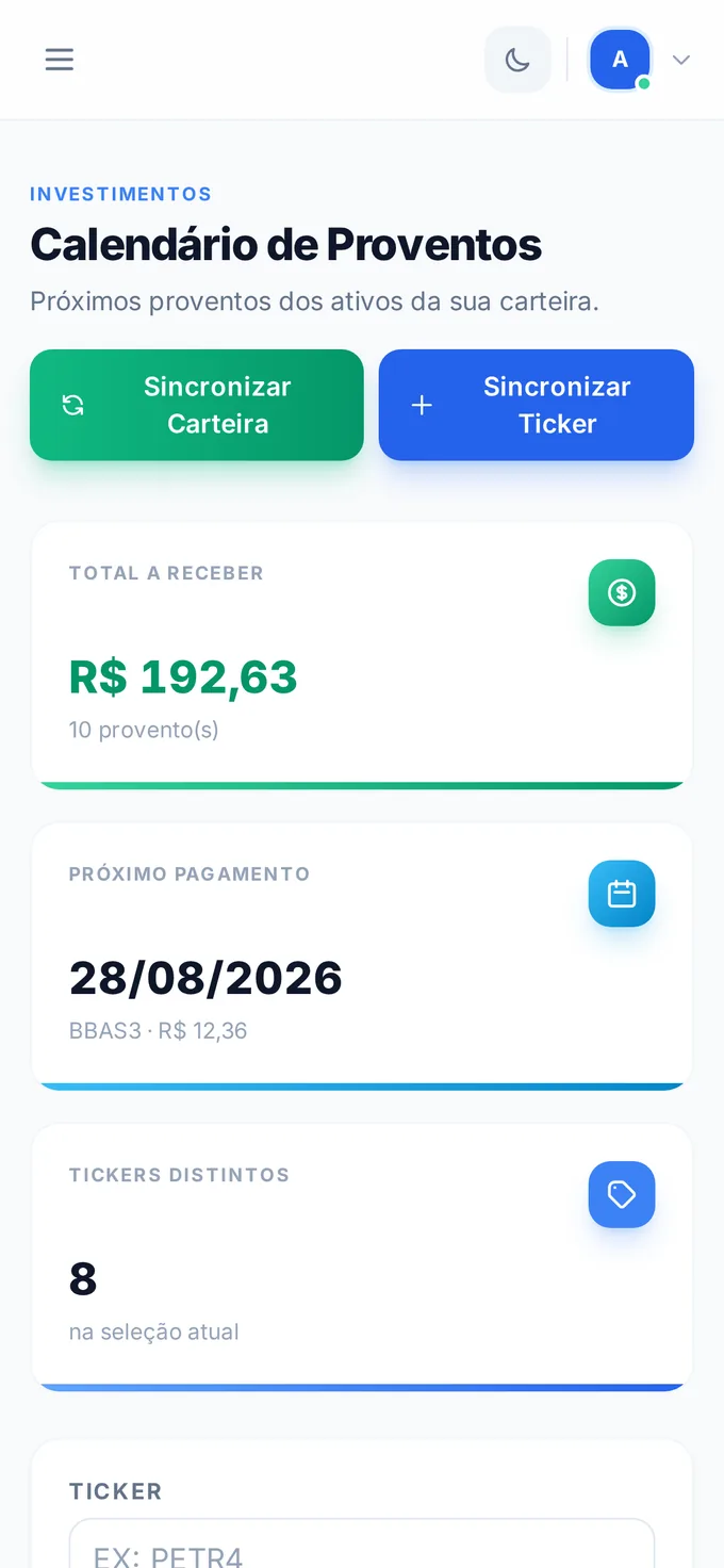 Calendário de proventos do Plurus no celular, com R$ 192,63 a receber em dez proventos e o próximo pagamento em 28/08/2026.