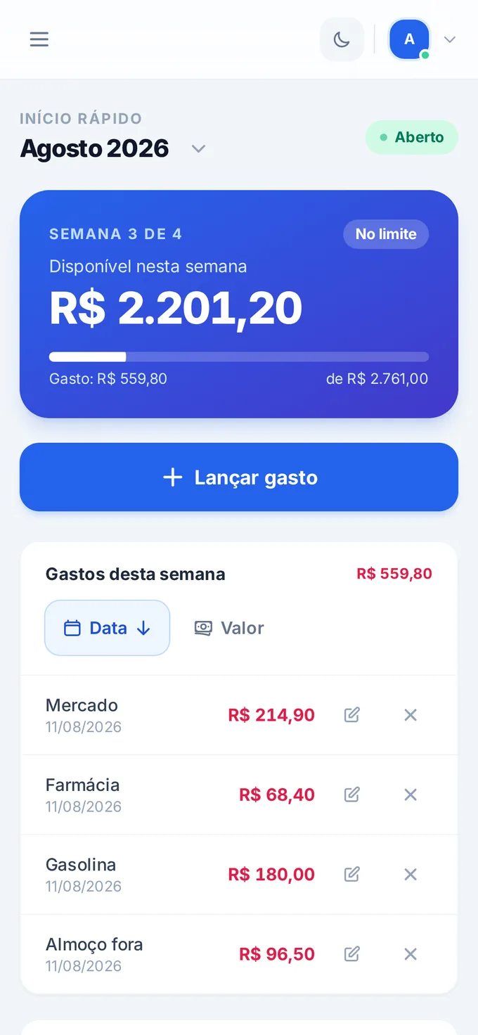 Tela inicial do Plurus no celular: semana 3 de 4, R$ 2.201,20 disponíveis, R$ 559,80 já gastos e o extrato da semana com mercado, farmácia, gasolina e almoço fora.